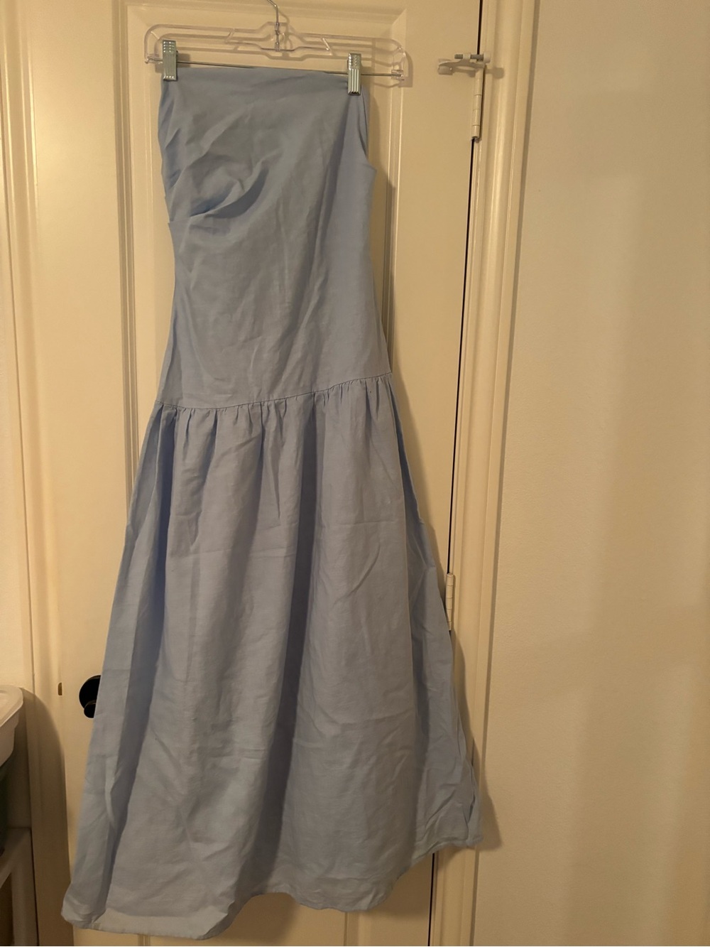 Light Blue Strapless Maxi Dress with Flared Skirt